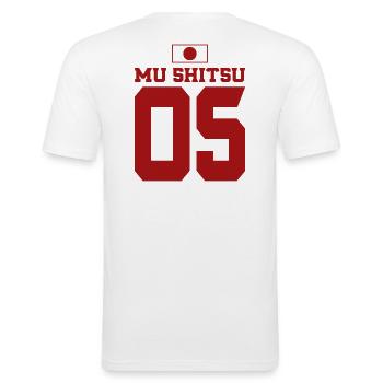 Mallorca Sauf Trikot Japan, Mu Shitsu - Männer Slim Fit T-Shirt - Weiß - Hinten - Nik (191cm)