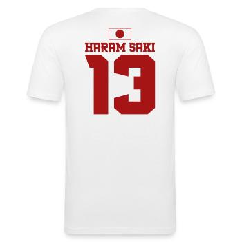 Mallorca Sauf Trikot Japan, Haram Saki - Männer Slim Fit T-Shirt - Weiß - Hinten - Nik (191cm)