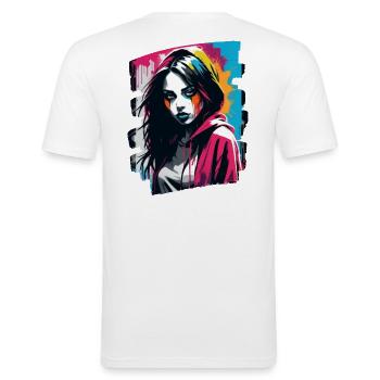 "Color Craze: Die Maskierte Fashionista" - Männer Slim Fit T-Shirt - Weiß - Hinten - Nik (191cm)