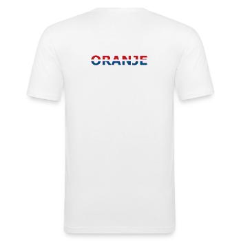 Orange in rot, weiß, blau - Männer Slim Fit T-Shirt - Weiß - Hinten - Nik (191cm)