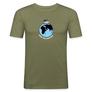 "Take the long way" Van-Shirts, Van-Accessoires - Männer Slim Fit T-Shirt - Khaki Grün - Vorne - Jaron (178cm)
