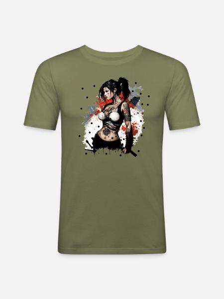 Badass Ninja Mädchen - Männer Slim Fit T-Shirt - Khaki Grün
