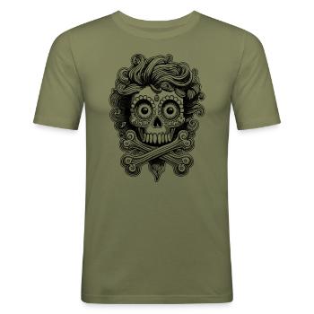 Urbane Streetwear Rebellion: Föhnfrisur Totenkopf - Männer Slim Fit T-Shirt - Khaki Grün - Vorne - Jaron (178cm)