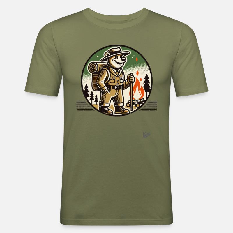 Wanderer- und Camping-Bär - Männer Slim Fit T-Shirt - Khaki Grün