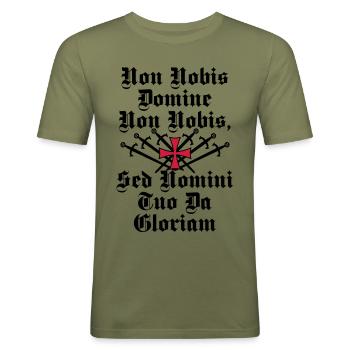 23 Ritter Kreuz Schwerter Non Nobis Domine - Männer Slim Fit T-Shirt - Khaki Grün - Vorne - Jaron (178cm)
