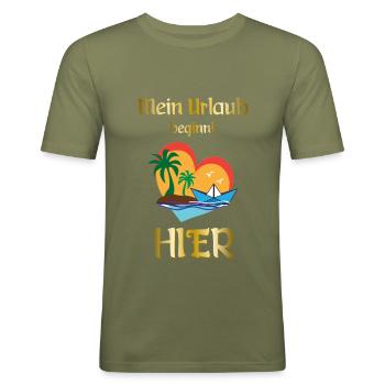 MIJN VAKANTIE BEGINT HIER * VAKANTIE * VAKANTIE - Mannen slim fit T-shirt - kakigroen - Voor - Jaron (178cm)