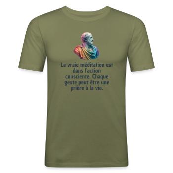 T-shirts Stoïcisme : L'inspiration à portée de soi - T-shirt près du corps Homme - vert kaki - Devant - Jaron (178cm)