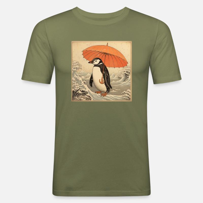 Penguin Ukiyo-e no2 - Männer Slim Fit T-Shirt - Khaki Grün