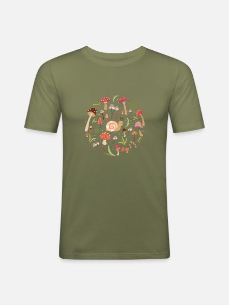 Autumn Snail & Mushrooms (Round) - Men's Slim Fit T-Shirt - khaki green