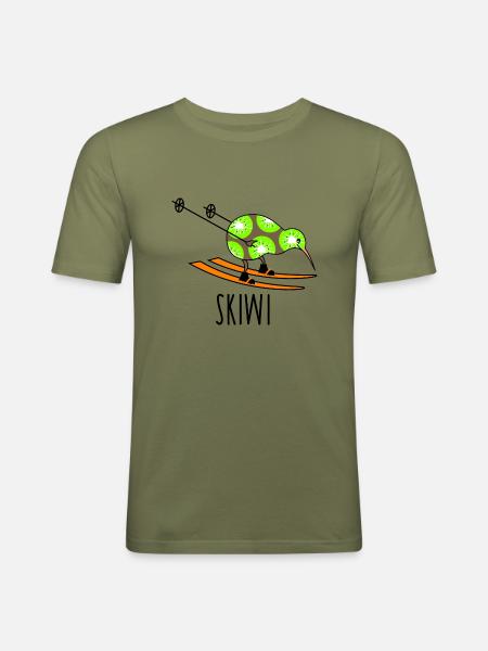 Lustiger Kiwi als Skifahrer - Männer Slim Fit T-Shirt - Khaki Grün