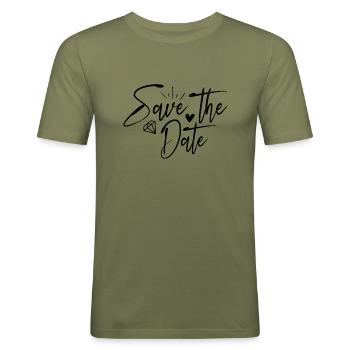 Save the Date - Männer Slim Fit T-Shirt - Khaki Grün - Vorne - Jaron (178cm)