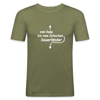 vom Kopp bis inne Schochen Sauerländer - Männer Slim Fit T-Shirt - Khaki Grün - Vorne - Jaron (178cm)