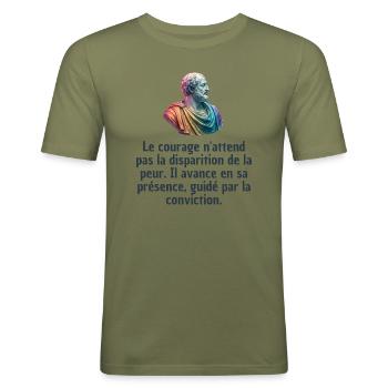 T-shirts Stoïcisme : L'inspiration à portée de soi - T-shirt près du corps Homme - vert kaki - Devant - Jaron (178cm)