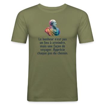 T-shirts Stoïcisme : L'inspiration à portée de soi - T-shirt près du corps Homme - vert kaki - Devant - Jaron (178cm)