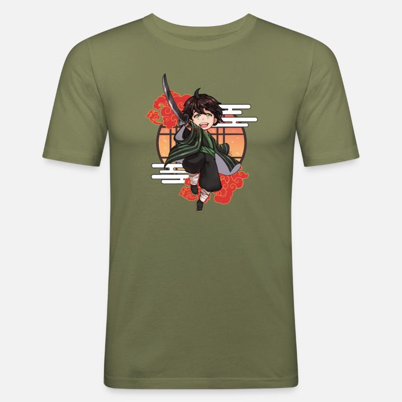 Chibi Samurai Junge mit Katana - Männer Slim Fit T-Shirt - Khaki Grün
