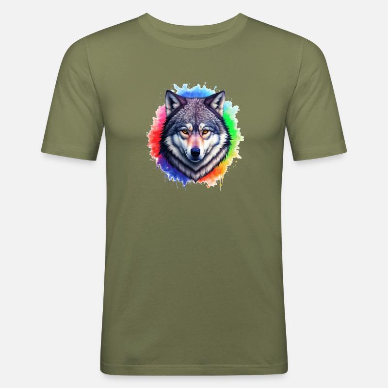 Wolf Regenbogen Explosion - Männer Slim Fit T-Shirt - Khaki Grün
