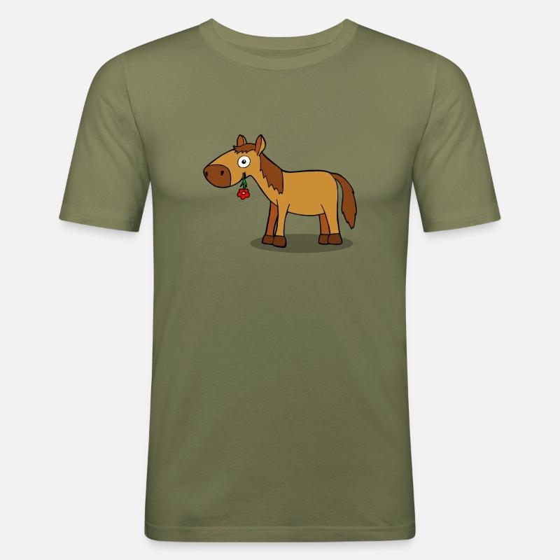Pferd mit Blume - Comic - Männer Slim Fit T-Shirt - Khaki Grün