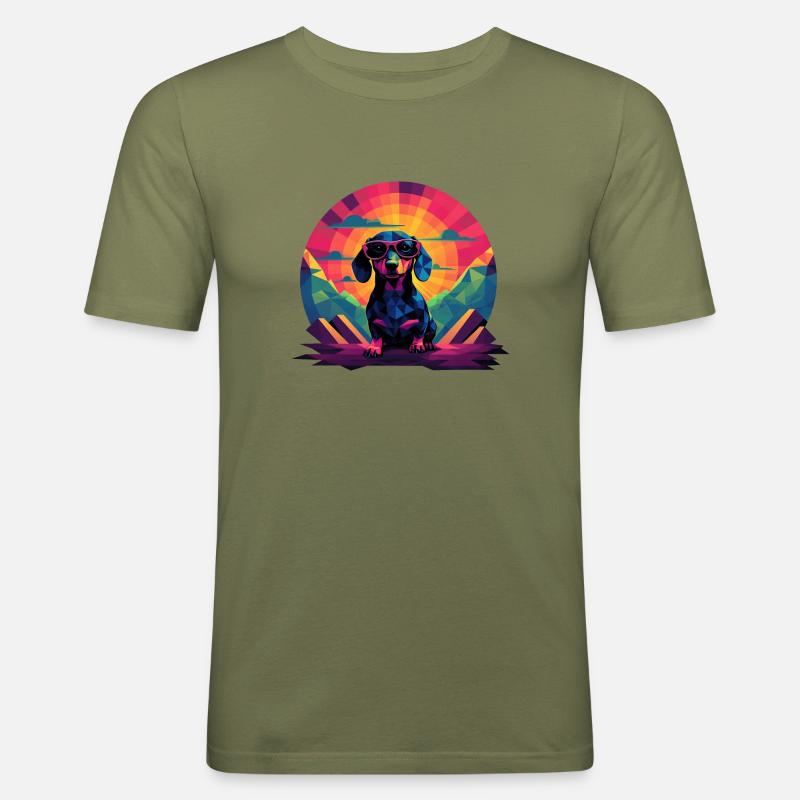 Synthwave Dachshund (no1) - Männer Slim Fit T-Shirt - Khaki Grün