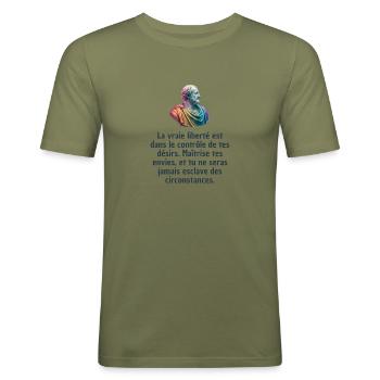 T-shirts Stoïcisme : L'inspiration à portée de soi - T-shirt près du corps Homme - vert kaki - Devant - Jaron (178cm)