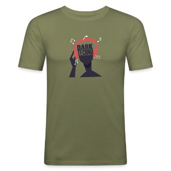 My headphones only play dark techno - Men's Slim Fit T-Shirt - khaki green - Front - Jaron (178cm)