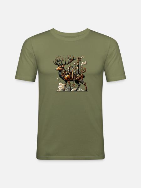 Faszinierender Steampunk Hirsch mit Zahnrädern - Männer Slim Fit T-Shirt - Khaki Grün