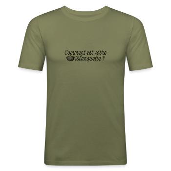 Humour OSS 117 🍴 "Comment est votre Blanquette ?" - T-shirt près du corps Homme - vert kaki - Devant - Jaron (178cm)