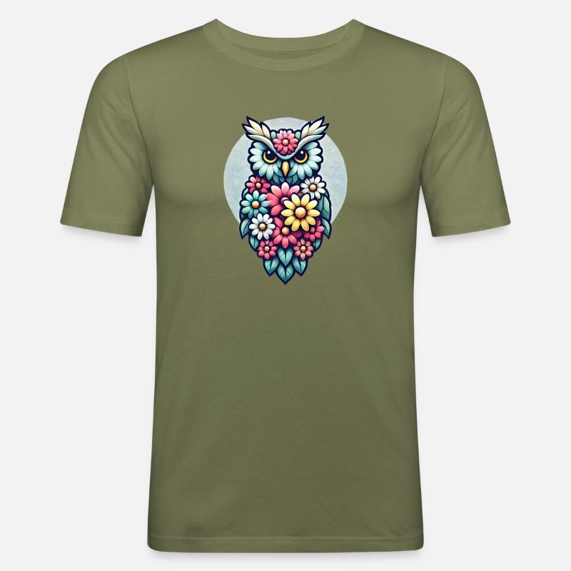 Bunte Blumen Eule - Männer Slim Fit T-Shirt - Khaki Grün