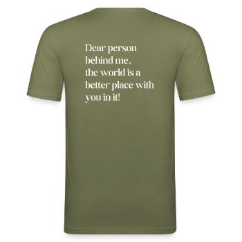 Liebe Person hinter mir - Männer Slim Fit T-Shirt - Khaki Grün - Hinten - Jaron (178cm)