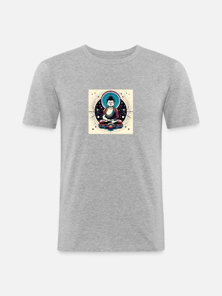 Bunter Space-Buddha - Männer Slim Fit T-Shirt - Grau meliert
