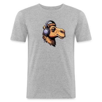 Kamel mit Kopfhörern - Männer Slim Fit T-Shirt - Grau meliert - Vorne - Nik (191cm)