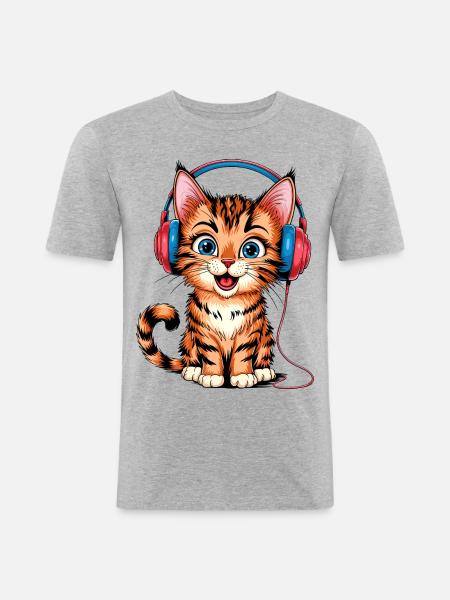 Kopfhörer-Kätzchen - Männer Slim Fit T-Shirt - Grau meliert