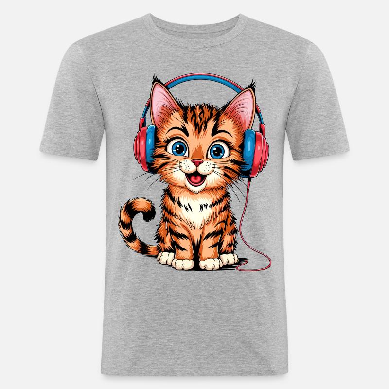 Kopfhörer-Kätzchen - Männer Slim Fit T-Shirt - Grau meliert