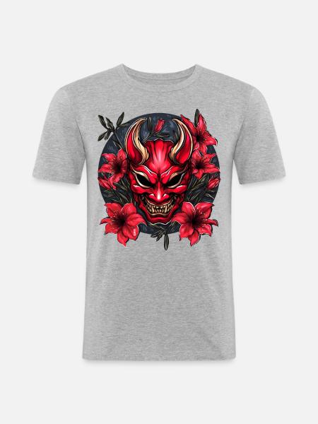 Hannya Rote Lilie - Männer Slim Fit T-Shirt - Grau meliert