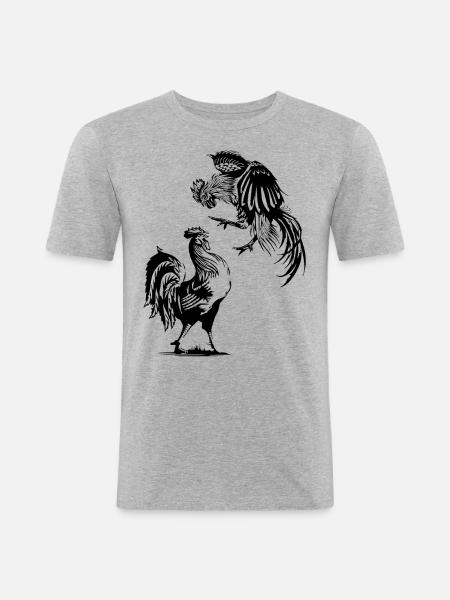 Combat De Coqs, Poulet, Poule, Oeuf, Coq - T-shirt près du corps Homme - gris chiné