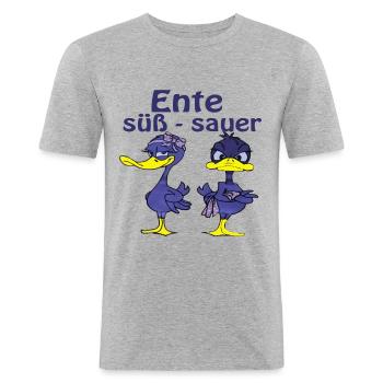 Ente süss - sauer - Männer Slim Fit T-Shirt - Grau meliert - Vorne - Nik (191cm)
