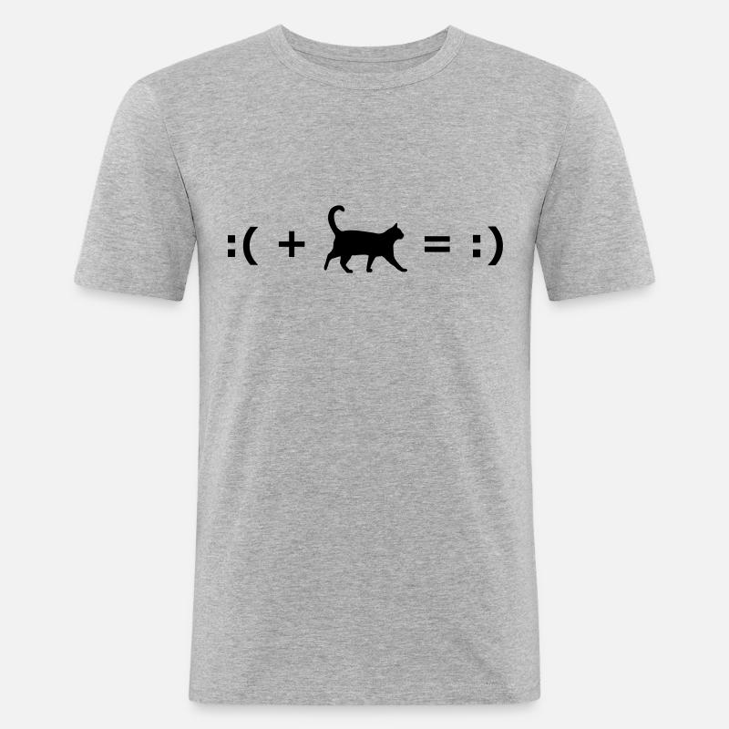 :( + Katze = :) Glücksformel - Männer Slim Fit T-Shirt - Grau meliert