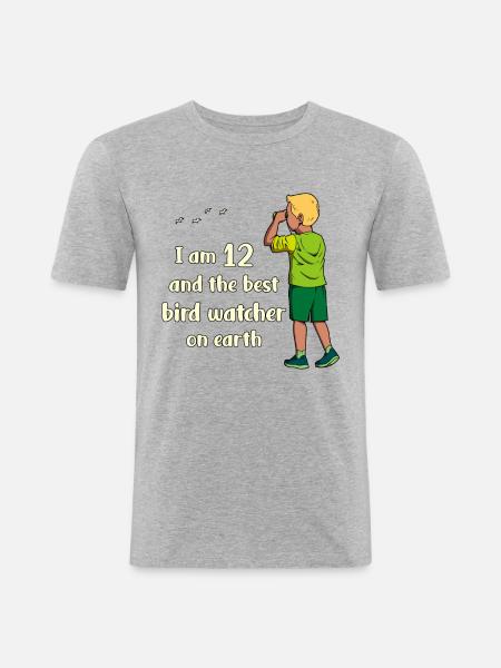 J’ai 12 ans - Boy Birdwatching - T-shirt près du corps Homme - gris chiné