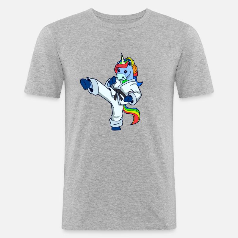 Comic Einhorn macht Karate - Männer Slim Fit T-Shirt - Grau meliert