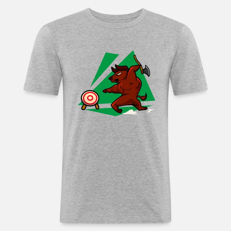 Axt werfender Stier - Axtwerfen - Männer Slim Fit T-Shirt - Grau meliert