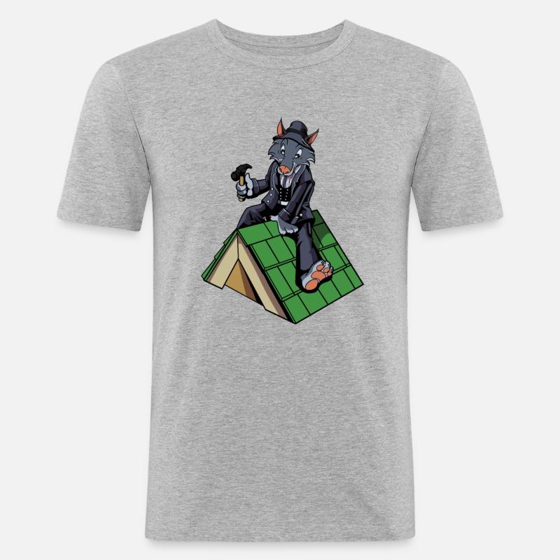 Comic Wolf als Dachdecker - Männer Slim Fit T-Shirt - Grau meliert