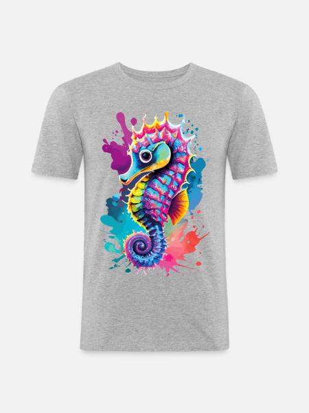 Seepferd Farbenfroh - Hippocampus Seepferdchen - Männer Slim Fit T-Shirt - Grau meliert
