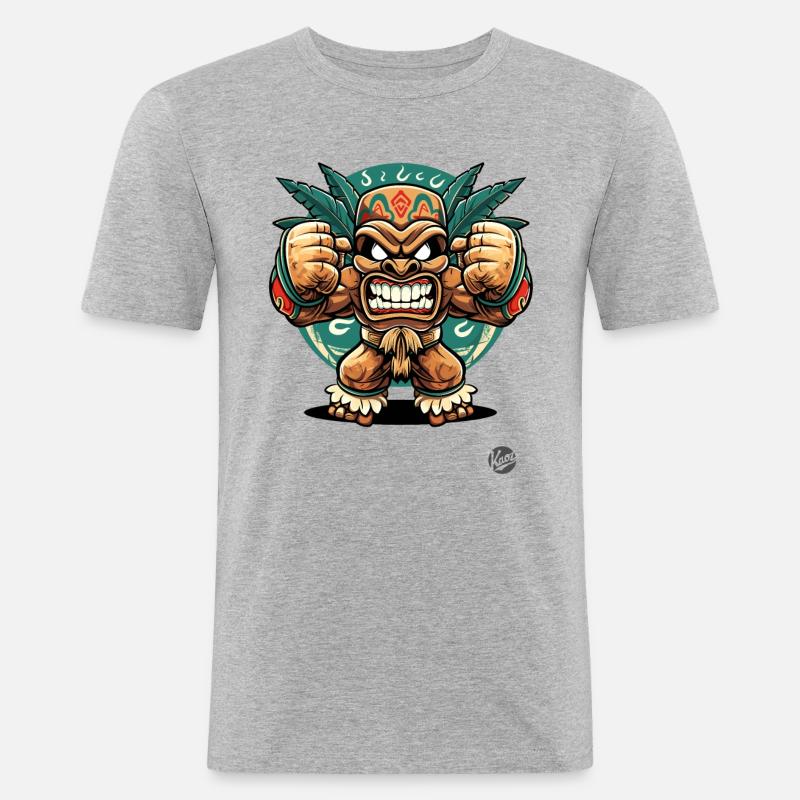 Wütender Maya-Aztekischer Dschungel-Tiki-Gott - Männer Slim Fit T-Shirt - Grau meliert