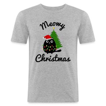 Miaou Noël | Motif mignon chemise casquette de chat - T-shirt près du corps Homme - gris chiné - Devant - Nik (191cm)
