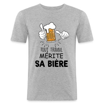 Humour biere bien méritée apres boulot - T-shirt près du corps Homme - gris chiné - Devant - Nik (191cm)