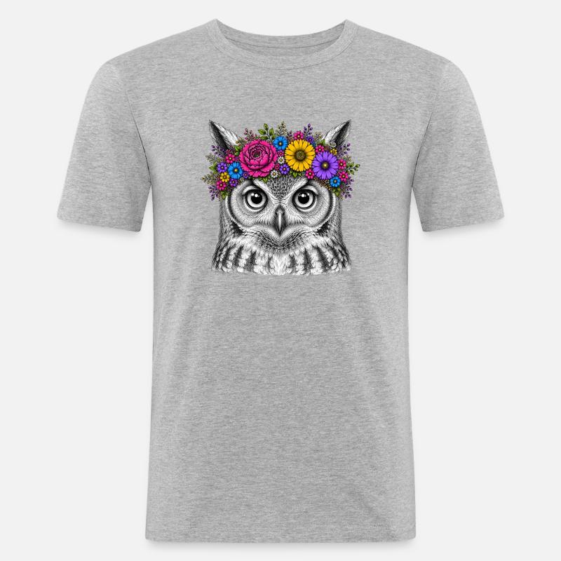 Eulenkopf mit Blumenkrone - Männer Slim Fit T-Shirt - Grau meliert