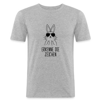 Erkenne die Zeichen Kaninchen Hasen Mittelfinger - Männer Slim Fit T-Shirt - Grau meliert - Vorne - Nik (191cm)