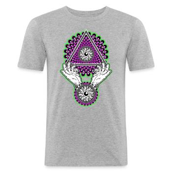 Neon Illuminati Pyramide neongrün - Schwarzlicht - Männer Slim Fit T-Shirt - Grau meliert - Vorne - Nik (191cm)