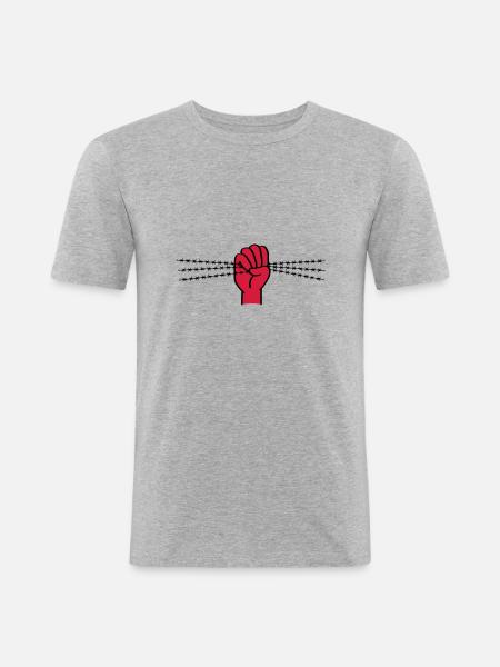 Protestsymbol mit Stacheldraht. Geballte Faust. - Männer Slim Fit T-Shirt - Grau meliert