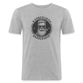 BARBERSHOP LOGO BÄRTIG - Männer Slim Fit T-Shirt - Grau meliert - Vorne - Nik (191cm)