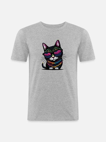 Happy Katze mit Sonnenbrille - Männer Slim Fit T-Shirt - Grau meliert